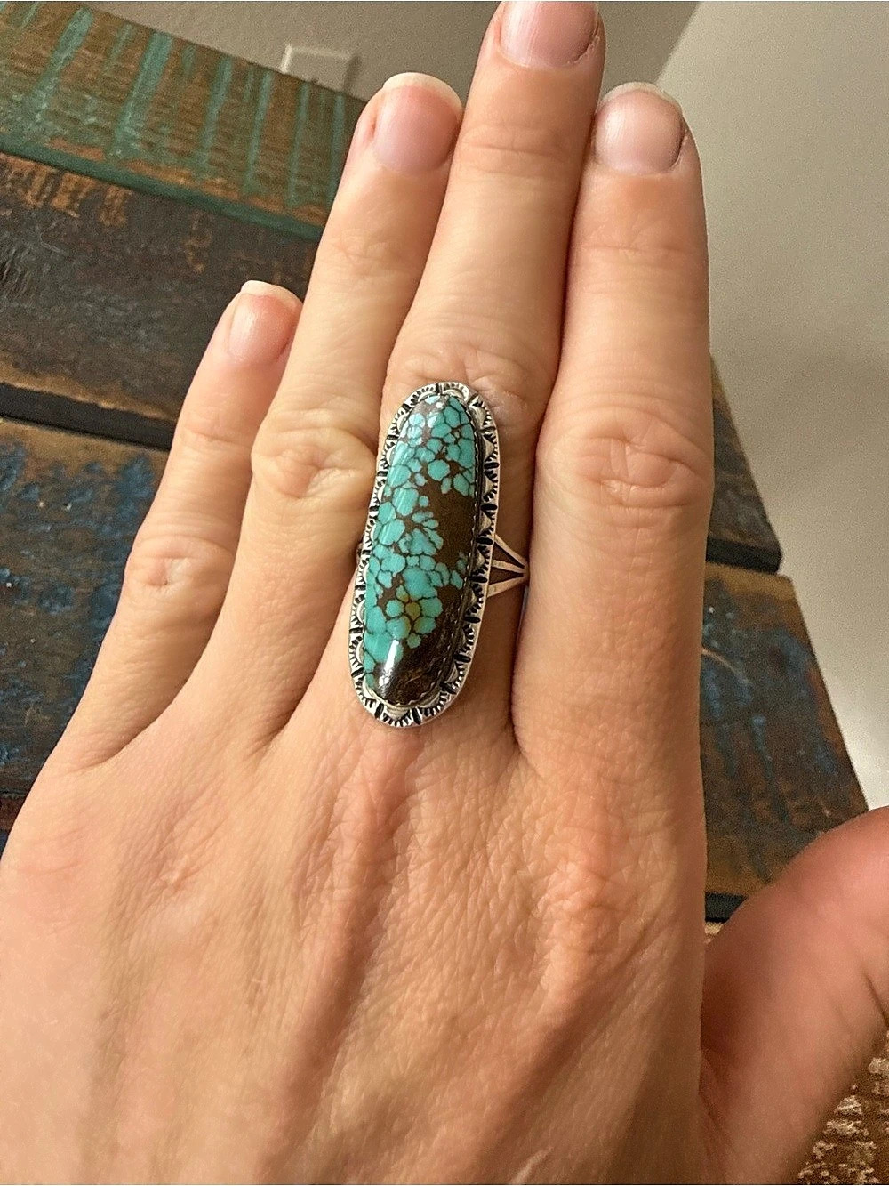 Handmade Sterling Silver Long Turquoise Stone Ring US size 8 1/2
